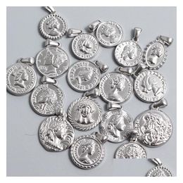 Pendant Necklaces Titanium Steel Roman Coin Pendant Vacuum Electroplating Stainless Charm For Diy Jewelry Necklace Making Drop Deliver Dh7V8