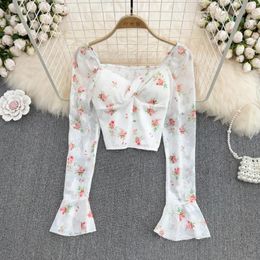 Women's Blouses Square Neck Kink Puff Sleeves Floral Chiffon Shirt Western Chic Flared Slim Short Top Spring