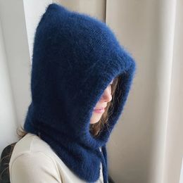 Fashion Balaclava Autumn Winter Warm Neck Skullies Beanies One Rabbit Hair Knitted Women's Hat Solid Color Caps 240102