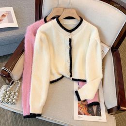 Women's Knits HOUZHOU Mohair Sweater Women Autumn Winter Elegant Long Sleeve Single Breasted O-Neck Cropped Knitted Cardigan Korean Style