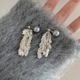 Stud Earrings Pearl Leaf Tassel Personalized Design Fashion Women's Versatile Jewelry Gift
