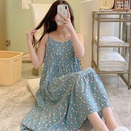 Women's Sleepwear Thin Cotton Nightgown Long Slip Sleep Dress Summer Loose Floral Print Nightwear Nightdress Casual Home Clothes