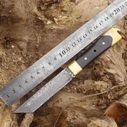 Gold-plated steel head ebony handle Damascus VG10 camping straight outdoor high hardness self-defense survival knife