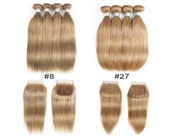 Ash Blonde Color 8 27 Malaysian Indian Straight Human Hair Bundles With Closure 4 Bundles With 4x4 Lace Closure Remy Human Hair 1093259