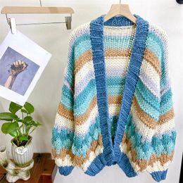 Women's Knits Women Striped Color-block Handmade Chunky Cardigan 2024 Autumn Winter Knit Top Clothes