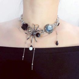 Choker Fashion Vintage Light Luxury Rhinestone Spider Tassel Pendant Necklace Collarbone Chain Women's Jewelry