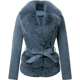 Women's Velvet Jacket Motorcycle Short With Detachable Belt Padded and Thickened Leather Coat Autumn and Winter Biker Lamb Fur Loose 35NN8