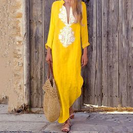Casual Dresses 2024 Vintage Folk-custom Print Women's Dress Loose Deep V-neck Long Fashion Simple Long-sleeve Oversized Vestidos Autumn
