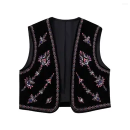 Women's Vests Women 2024 Fashion Beaded Embroidered Velvet Vest Coat Vintage Sleeveless All-Match Loose Casual Female Waistcoat Chic Tops