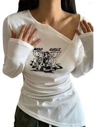 Women's T Shirts Irregular Summer Tops Cartoon Pattern Long Sleeve Asymmetric V-Neck Cutout Slim T-Shirts