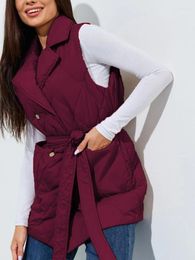 Women's Vests 2024 Women Winter Vest Coat With Belt Fashion Double Breasted Thicken Warm Padded Waistcoat Female Casual Jacket