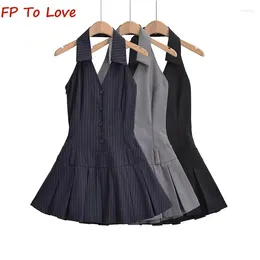 Casual Dresses Y2K Striped Halter Mini Dress Sexy Backless Stretch Elegant Pleated Ruched Side Zip Sleeveless Woman Chic Streetwear Grey