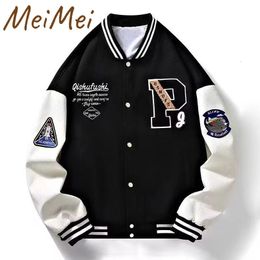 Letter P Trendy Baseball Coat Colour Matching Striped Stand-up Collar Men's Jacket Retro Armband Personalised Jacket for Men 240102