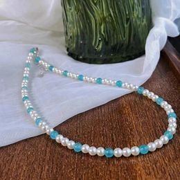 Choker Natural Amazonite With Strong Light Pearl Necklace
