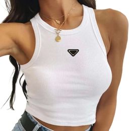 Women prad pra T-Shirt Hot Pr-a Summer White Tops Tees Crop Top Embroidery Sexy Shoulder Black Tank Casual Sleeveless Backless Shirts Designer Solid Vest 898