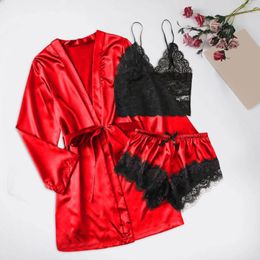 Women's Sleepwear Silk Satin Pyjamas Set 3pcs Lingerie Floral Lace Embroidery Solid Colour Robe Lounging Pyjama Night Wears