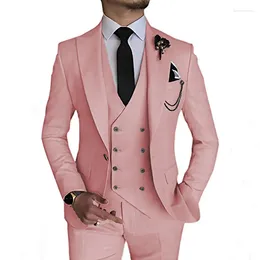 Men's Suits Pink Lapel Double Breasted Slim Fit Customs Fashion Suit 3 Pieces (Jacket Pants Vest) Groom Tuxedos Party Dinner For Wedding