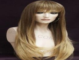 Human Hair Blend Wig Long Straight Face Frame Blonde Brown mix Heat safe wil T859946279