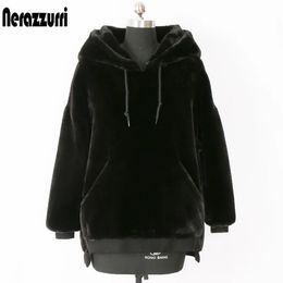 Fur Nerazzurri Winter Oversized Thick Faux Fur Sweatshirt Long Sleeve Black Leisure Soft Warm Hoodie Women Loose Fluffy Jacket Women