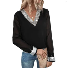 Women's Blouses Women Elegant Long Sleeve Blouse With Contrast Sequins Top Mesh Sleeves Tunic Base Layer Shirts For Woman