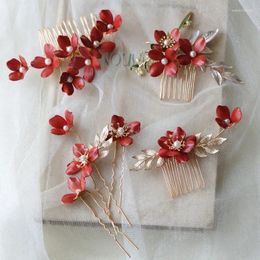 Hair Clips Retro Handmade Red Enamel Flower Bridal Comb Gold Color Leaf Hairpin Pearl Wedding Accessories Decor Jeweley