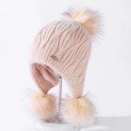 Women And Girel Winter Warm Rabbit Hair Beanie Hat Ski Cap Ear Flaps Peruvian Dual Layered Pompoms 231229