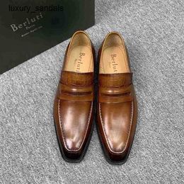Berluti Mens Leather Shoes Formal Berlut New Mens Venezia Calf Lefu Handmade Coloured Crocodile Pattern Casual Business Rj