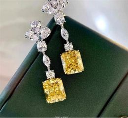 Sweet Cute Dangle Earring Luxury Jewellery 925 Sterling Silver Radiant Shape Yellow Topaz CZ Diamond Gemstones Ins Top Sell Long Cha7992242