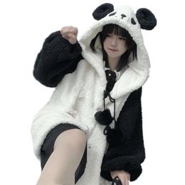 Sweatshirts Winter Kawaii Hoodies Women Panda Ears Hooded Sweatshirt Plush Balls Zipup Loose Cute Sudadera Teenager School Girls Jk Clothes