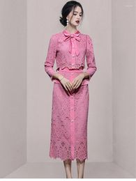 Work Dresses High-end Custom 2024 Sexy Hollow Out Floral Women Lace Two Pieces Sets Lapel Tops Mid-length Skirt Suits