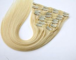 120g 10pcs1Set Clip in Hair Extensions Brazilian Human Hair 20 22inch 613Bleach Blonde indian straight Hair extensions4776195