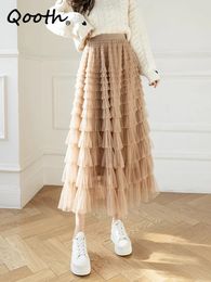 Qooth Autumn Korean Style Mesh Puffy Cake Long Skirt Elegant Vintage Elastic Waist High Waist Ball Gown Gauze Tulle Skirt QT1989 240102