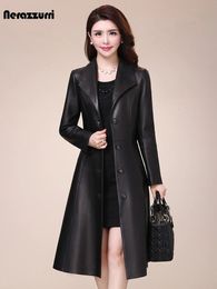Nerazzurri Spring autumn long black soft faux leather coat women long sleeve buttons slim fit Elegant leather jacket women 231229