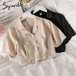 Women's Blouses Syiwidii Chiffon Button Up Shirts For Women Summer 2024 Fashion Short Sleeve Notched Casual Top Single Breasted Blouse Black