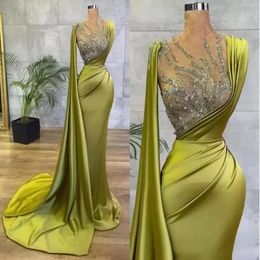 Lemon Green Satin Mermaid Prom Evening Dresses Sheer Mesh Top Sequin Beads Ruched Occasion gowns with cape Wear Robe de soriee3530830