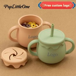 Cartoon Cute Silicone Straw Cup Children's Drinking Cup Snack Cup 2-in-1 Food Storage Box with Handle Feeding Water Cup BPA Free 240102