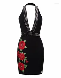 Casual Dresses Women's Fashion Dress Peony Floral Beads Sleeveless Party Bandage High Quality Vestidos