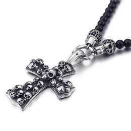 Fashion Punk Rock Black Glass Bead Skull Pendant Necklace For Men Women Stainless Steel Cross Necklaces & Pendants 50CM Long Jewel215w