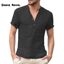 Men's T-Shirts Summer Fashion Cotton Linen Casual T-shirt Mens Short sleeved V-neck Breathable Button T S-5XL Q240515