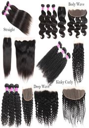 10A Grade Straight Body Deep Water Wave Kinky Curly Human Hair Weaves Bundles With Lace Closure Frontal Extensions Weft Brazilian 9927572