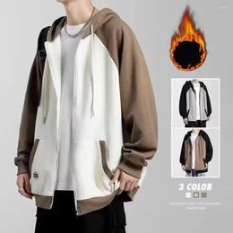 Men's Hoodies Men Zippered Coat Hooded Plush Winter With Zipper Closure Drawstring Pockets Thick Loose-fit Mid-length For Fall