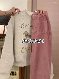 Women's Two Piece Pants Autumn Women Suit Korean Literature Retro Loose Causal Round Collar Sweatshirt Corduroy Set Outfits