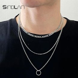 Pendant Necklaces Sindlan 2Pcs Double Layer Punk Silver Colour Chain Necklace For Men Hip Hop Geometric Couple Female EMO Fashion J281D