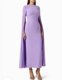Elegant Short Lilac Crepe Evening Dresses With Slit Sheath Long Ruffled Sleeved Ankle Length Prom Dress Party Dresses for Women