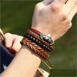 Charm Bracelets Men Punk Metal Love Heart Wings Diy Handmade Braided Leather Mtilayer Chains Bracelet Maxi Statement Fashion Jewellery Dha0S