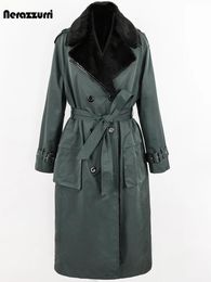 Leather Nerazzurri Winter Long Warm Thickened Green Fur Parka Women Belt Double Breasted Luxury Fluffy Faux Rabbit Fur Lined Coat 2022