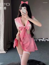 Work Dresses Style Summer Women Romantic Slim Soft Erotic Tie Uniform Pink Skirt Set Elastic Waist Bowknot Sweet Cute V Neck S2NS