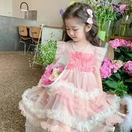 Girl Dresses 2024 Summer Princess Tulle Dress For Children Kids Sleeveless Flowers Mesh Infant Girls Elegant Holiday Clothes