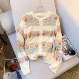 Women's Knits Vintage Flower Geometric Pattern Hollow Out Asymmetrica Crewneck Single Breasted Knitted Cardigan Autumn Winter 2024