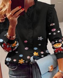 Women's Blouses Women Elegant Fashion Butterfly Print Top Ruffle Trim Casual Long Sleeve Blouse